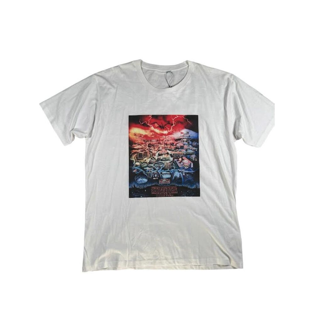 Stranger Things Men’s XL T Shirt Hawkins Graphic White Short Sleeve NWT